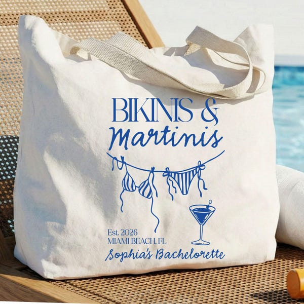 Bikinis and Martinis Tote Bag, Bachelorette Party Bag, Beach Bach Tote, Bridesmaid Gift, Miami Bachelorette, Custom Bach Bag