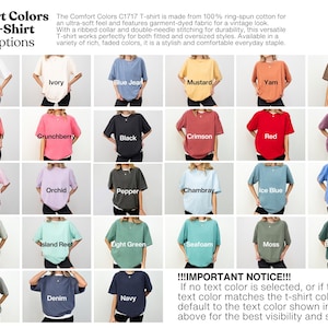 May include: A display of Comfort Colors C1717 T-shirts in various colors, including white, blue jean, and black. The image includes the text "Comfort Colors C1717 T-Shirt Color Options" and a description of the shirts. The shirts are made of 100% ring-spun cotton.