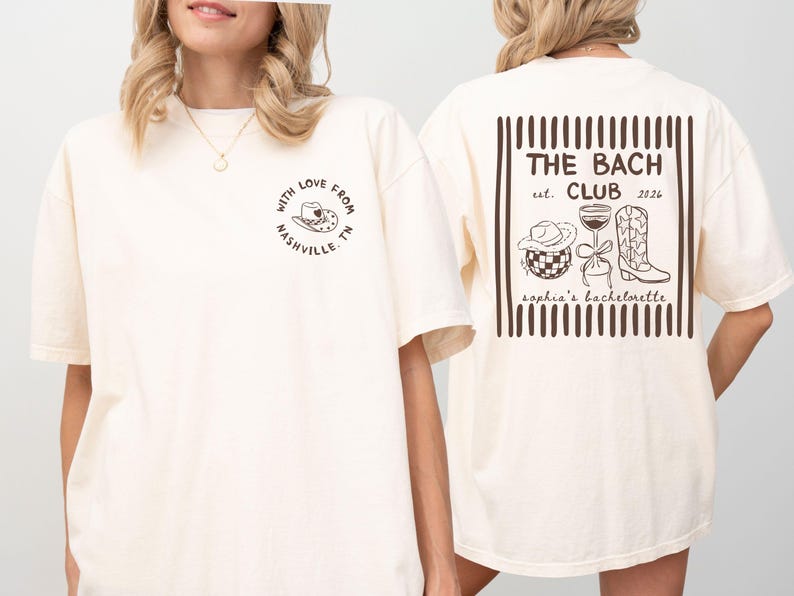 Woman wearing a custom Nashville bachelorette t-shirt with western cowgirl graphics and The Bach Club text, personalized with name and year