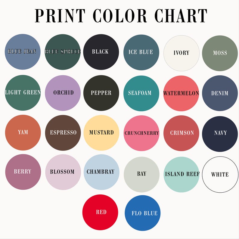May include: A print color chart with a variety of colors, including blue jean, black, ice blue, ivory, moss, light green, orchid, pepper, seafoam, watermelon, denim, yam, espresso, mustard, and crimson. The text "PRINT COLOR CHART" is at the top.