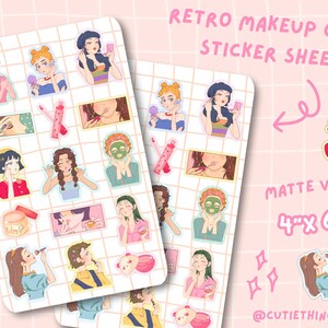 Retro Makeup Girls Sticker Sheet | Skincare Routine Stickers, Beauty Stickers, Planner Stickers, Bullet Journal Stickers, Make-up Stickers