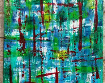 May include: Abstract painting with a blue, green, and white background. Red lines and streaks of paint are layered over the background.