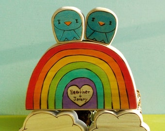 Personalized Wedding Cake Topper Love Gift Rainbow  and Clouds with Sweetheart and Little Tweet Bird Pair