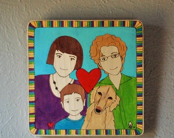 Custom Family Portrait , Two Adults, One Child, One Pet