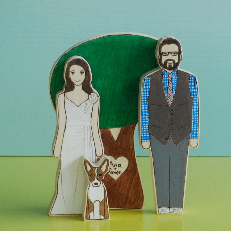 Custom Wedding Cake Topper Couple with Pet and Personalized Large Sweetheart Tree image 1