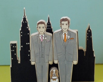 Custom Wedding Cake Toppers Couple, Grooms with Cityscape and One Pet Keepsake