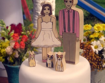 Custom Wedding Cake Topper couple with Three Pets