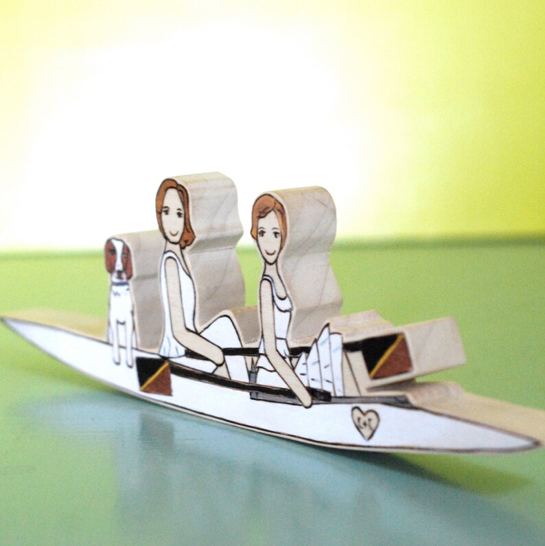 Custom Wedding Cake Topper Couple in Crew/Rowing boat with Separate Boat for Two Pets image 3