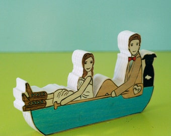 Custom Rustic Wedding Cake Topper Couple in  Canoe, Kayak, or Boat with One Pet and Boot Detail