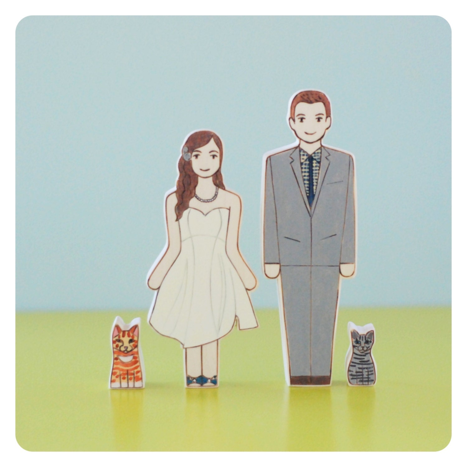 Custom Wedding Cake Topper Couple with Two Pets