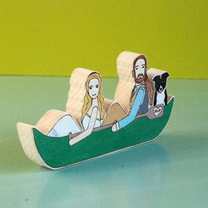 Custom Wedding Cake Topper Couple in Canoe or Kayak with One Pet image 3