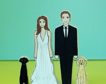 Custom Wedding Cake Topper Couple with Two Pets