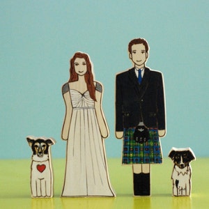 Custom Wedding Cake Topper Couple with Two Pets image 1