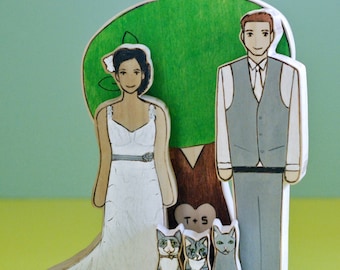 Custom Wedding Cake Topper Couple with Three Pets and Personalized Large Sweetheart Tree