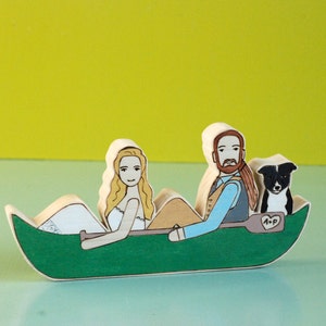 Custom Wedding Cake Topper Couple in Canoe or Kayak with One Pet image 1