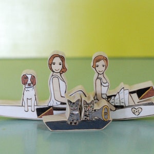 Custom Wedding Cake Topper Couple in Crew/Rowing boat with Separate Boat for Two Pets image 1