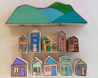 Ten Tiny Houses and a Mountain, Minature Village, Affordable Housing Seedlings and Mountain