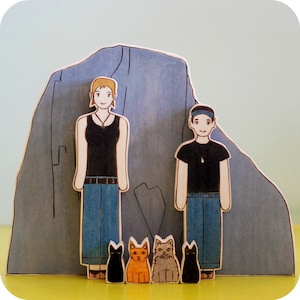 Custom Wedding Cake Toppers Couple with a Custom Mountain and Four Pets