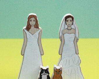 Custom Wedding Cake Topper Same Sex, Lesbian, Gay Couple with Two Pets