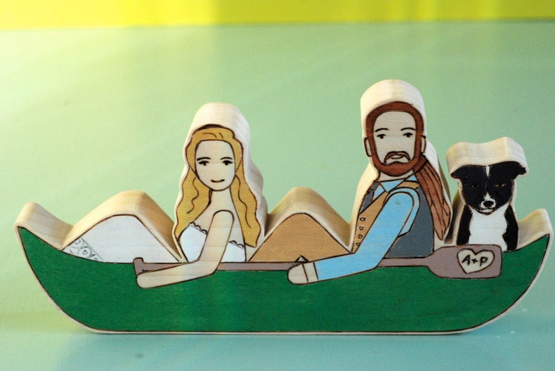 Custom Wedding Cake Topper Couple in Canoe or Kayak with One Pet image 4