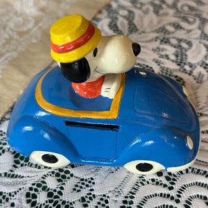 Vintage Snoopy Coin Bank in Blue Car – 1970s Peanuts Bank – Made