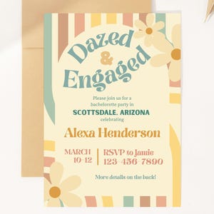 Invitation d'enterrement de vie de jeune fille ahuri et fiancé | Invitation de douche nuptiale super cool des années 70 | Modèle modifiable | Carte Bachelorette Disco