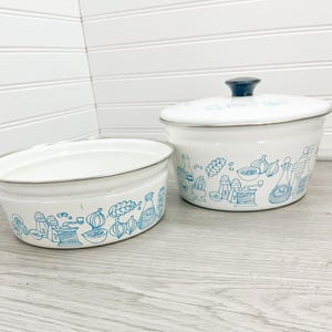 Vintage Cera-Met Enamel Pot Set: Mid-Century Modern Blue Onion Design
