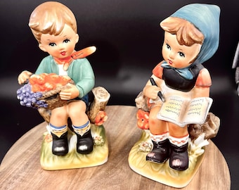 Vintage Enesco Figurines: Porcelain Girl with Book & Boy with Fruit