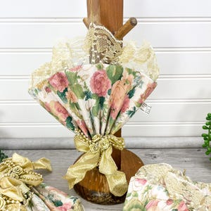 Shabby Chic Floral Fan Ornament Set of 8 - Vintage Pink Rose Christmas Ornaments - Cottagecore Holiday Decor