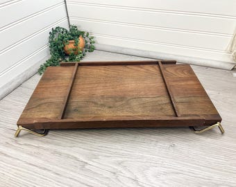 Midcentury Modern Teak Wood Appetizer Tray, Teak Party Tray with Brass Handles