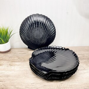 Vintage Arcoroc France Black Glass Seashell Plates | Mid-Century Modern Tableware Set of 6