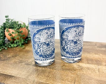 ヴィンテージ コバルトブルー Currier & Ives Old Blue Mill ドリンク