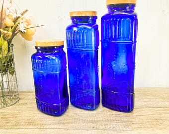 Juego de 3 botes vintage azul cobalto: Tarros de cristal azul con tapas de madera