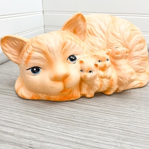 Anthropomorphic Ceramic Cat with Kittens Figurine
