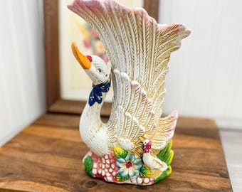 ヴィンテージ セラミック スワン 花瓶 プランター：White Goose Decor