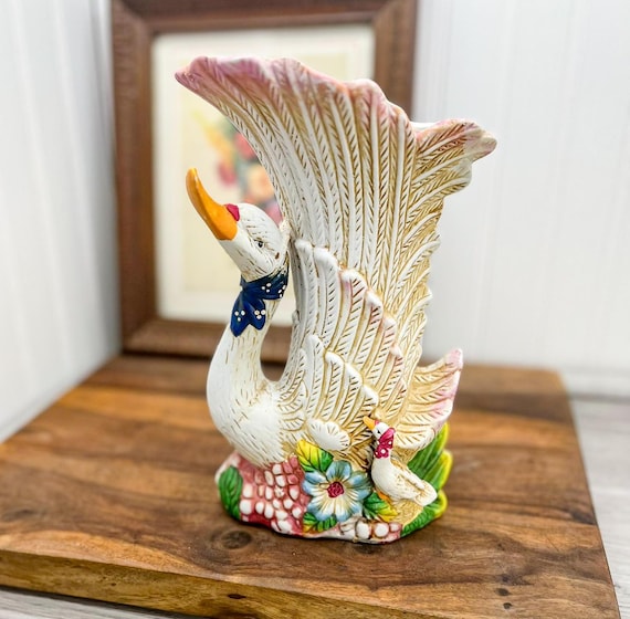 ヴィンテージ セラミック スワン 花瓶 プランター：White Goose Decor