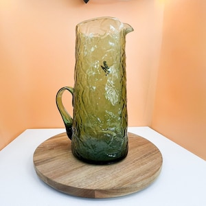Vintage Anchor Hocking Green Pitcher - Crinkle Glass Pitcher - Forest Milano Green Glass - Vintage MCM Green Glass Pitcher