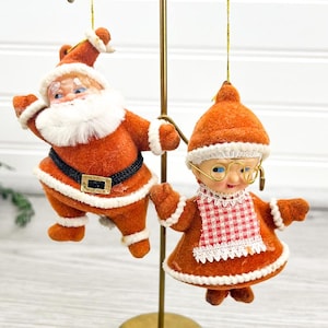 Kitschy Flocked Santa Ornament Set of 2 - Vintage Mrs. Claus Ornament - Vintage Kitschy Holiday Ornament