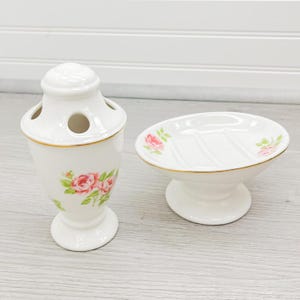 Vintage Floral Ceramic Bathroom Set: Soap Dish & Toothbrush Holder