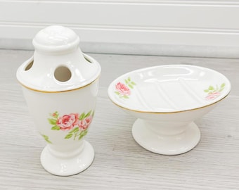 Vintage Floral Keramik Badezimmer Set: Seifenschale & Zahnbürstenhalter