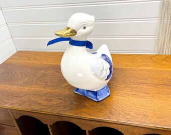 ヴィンテージ陶器製アヒルの置物：レトロな青と白の装飾 - Etsy 日本