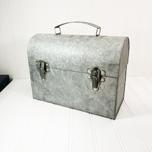 Vintage Metal Lunch Pail, Retro Silver Metal Tin, Vintage Metal Tin