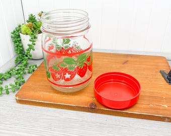 赤い蓋付きヴィンテージストロベリーガラス保存瓶 - Etsy 日本