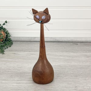 Midcentury Teak Cat Pen Holder - Wooden Cat Decor - Vintage Danish Cat Decoration
