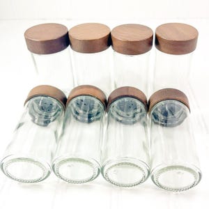 Midcentury Spice Jars with Wood Grain Lids - Set of 8 Spice Jar Containers