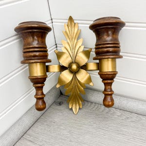 Solid Wood and Brass Wall Sconce Candleholder - Vintage Hollywood Regency Decor - Gold Accent Decor