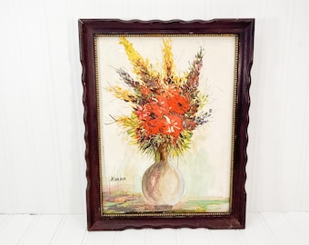 Vintage 1960s Framed Floral Print R F Harnett, Ornate Carved Wood