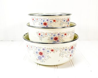Vintage Metal Nesting Bowls - Floral Nesting Bowls - 90s Pink Floral Decor - Stackable Nesting Bowls