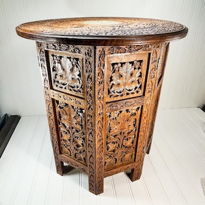 Antique Inlaid Indian Wood Side Table: Boho Carved Decor