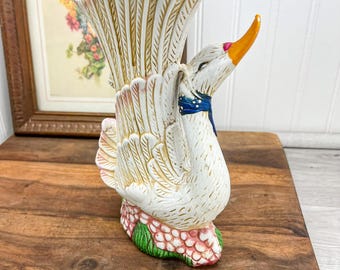 ヴィンテージ セラミック スワン 花瓶 プランター：White Goose Decor